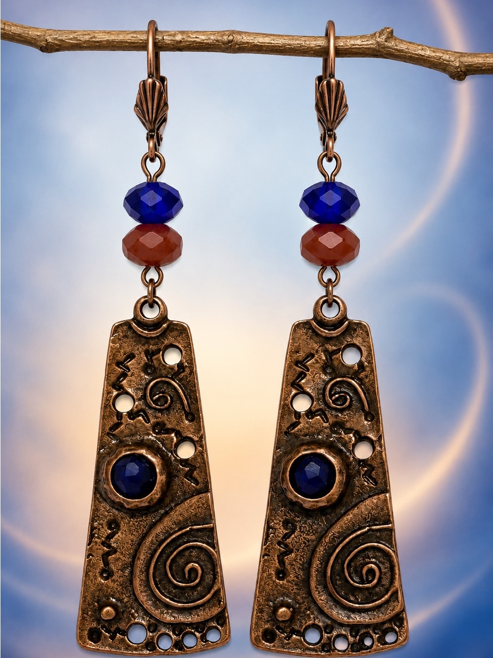 Antique Copper Cobalt Blue Long Spiral Statement Earrings